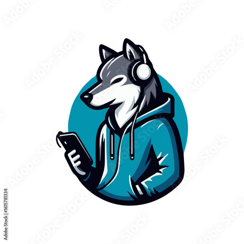 Stylish Wolf Mascot with Headset and Hoodie – Perfect for Gaming, Streaming, Music, and Digital Entertainment Brands.