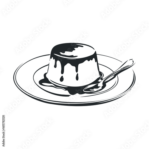 Black and white illustration of pudding dessert with spoon on plate