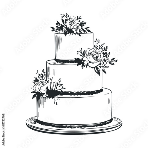 Elegant three-tier wedding cake with floral decorations in black and white illustration