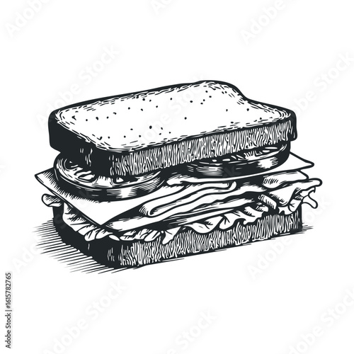 Classic hand-drawn sandwich illustration with lettuce, tomato, and cheese
