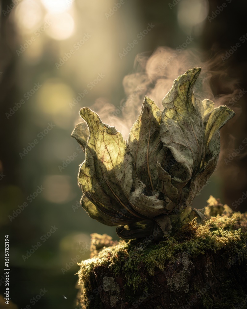 Fototapeta premium Enchanting forest scene with steaming leaf in sunlight,International Day of Clean Air