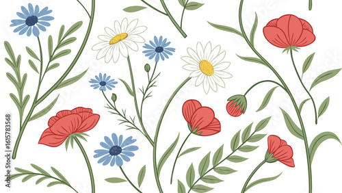 Seamless Watercolor Floral Pattern with Hand-Drawn Wildflowers and Berries