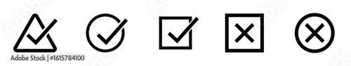 A black and white glyph icon set featuring checkmark and cross symbols for approval, rejection, correct, incorrect, done, cancel, delete, accept, decline, and vector illustration use in interfaces