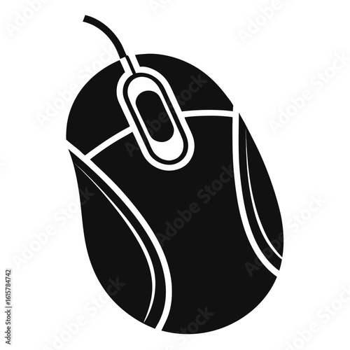 Black computer mouse silhouette with white accents and cable icon
