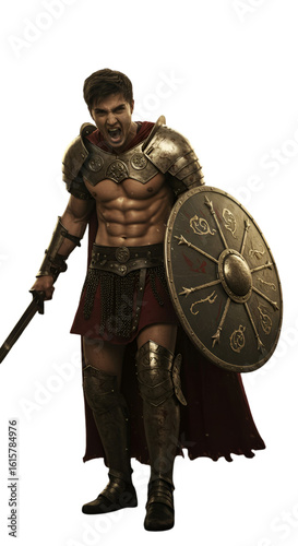 Warrior Man Illustration With Armor And Shield Isolated On Transparent Background