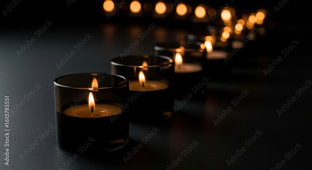 Row of Lit Candles in Dark Room with Bokeh Lights Row of Lit Candles in Dark Room with Bokeh Lights
