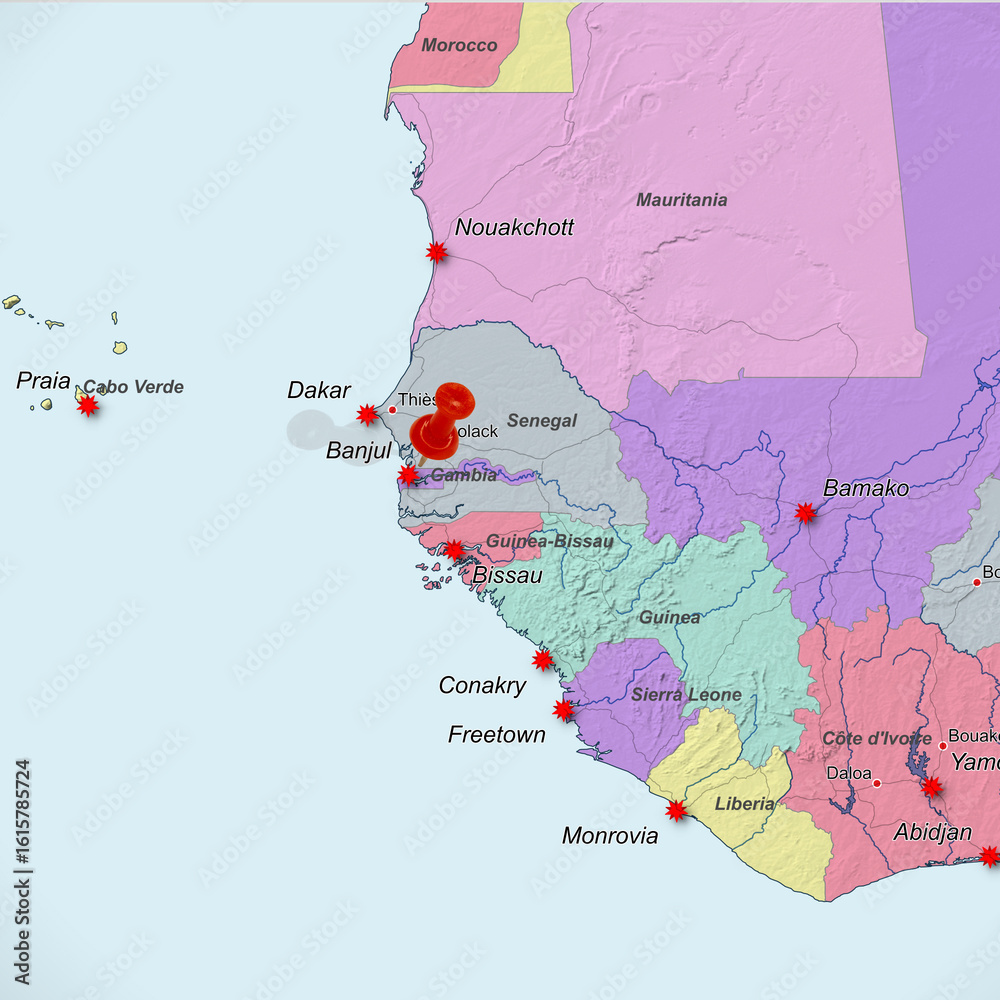 Obraz premium Colorful location map with red stick pin at Banjul, Gambia, Africa and the surrounding area
