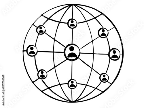 Global Network and Connection: Illustrative depiction of a global network symbolizing worldwide connection, information sharing, and collaboration with interconnected nodes on a sphere.