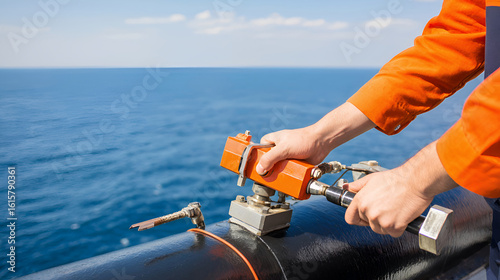 Person Inspecting Black Pipeline with Orange Equipment on Offshore Platform