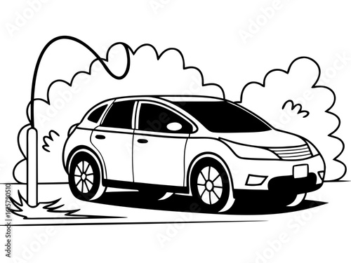 Car in the natural scene: A monochromatic rendering of a modern car parked by the roadside, set against a backdrop of stylized natural elements, evoking a sense of journey and travel.