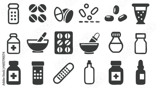 Various Medical Supplies and Pharmaceutical Products Represented as Black and White Drawings Showcasing Health and Wellness