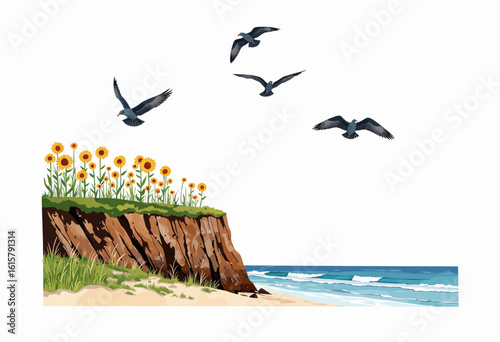 Coastal cliff with sunflowers and birds flying over the ocean  