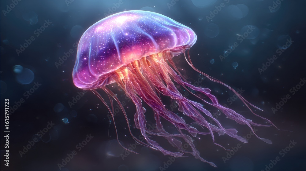 Naklejka premium Radiant jellyfish, glowing in deep water