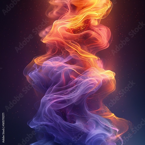 digital smoke sculpture with volumetric rendering, colorful vapor trails forming abstract monuments, gradient transitions from deep purple to golden yellow