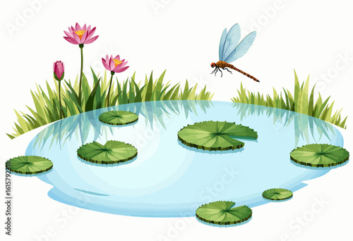 Dragonfly hovering over pond with lily pads and pink flowers  