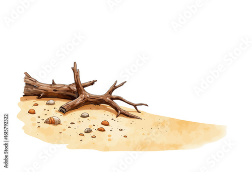 Driftwood and pebbles on sandy beach in natural style  