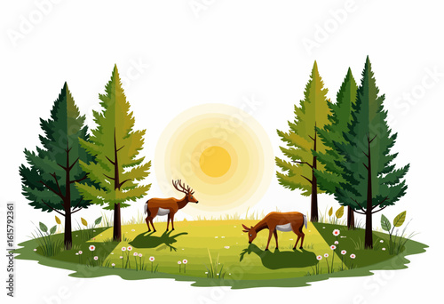 Two deer grazing in a sunny forest clearing with trees  