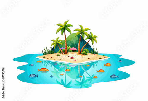 Tropical island with palm trees and colorful fish in blue water  