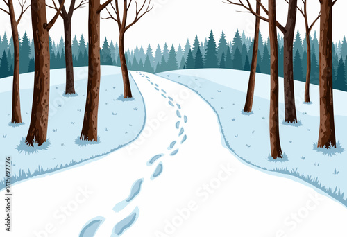 Snowy forest path with footprints and tall trees in winter  