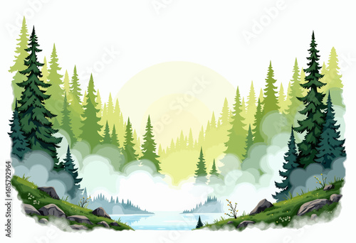 Lush green forest landscape with mist and river at sunrise  