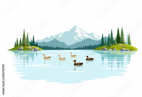 Ducks swimming in serene lake with mountains and trees in background  