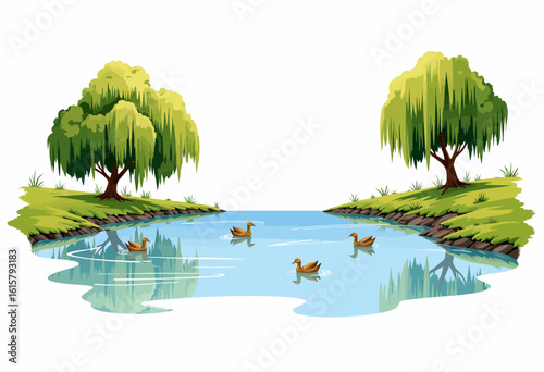 Calm lake with ducks and trees reflecting in water  