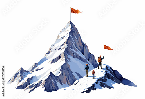 Group of climbers reaching the summit of a snowy mountain  