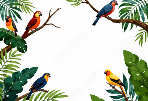Colorful tropical birds perched on branches among green leaves  