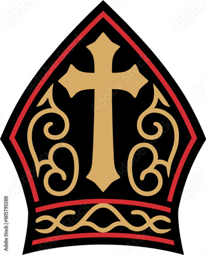 Vector Bishop Mitre Icon with Gold Cross and Red Ornamental Border