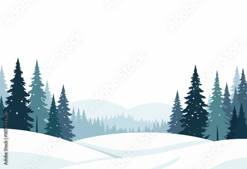 Winter landscape with snow-covered hills and evergreen trees  