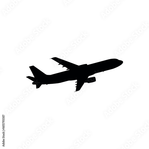 Black silhouette of a passenger airplane in flight against a white background aircraft