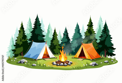 Two camping tents by campfire in forest clearing with trees  