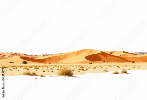 Desert landscape with orange sand dunes and sparse vegetation  