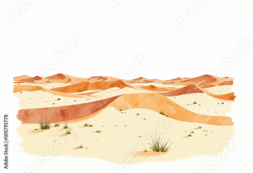 Desert landscape with sandy dunes and sparse vegetation  