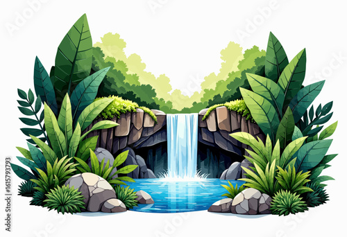 Tropical waterfall surrounded by lush greenery and rocks  