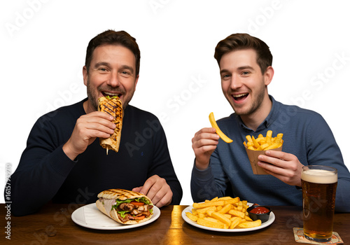 Two Men Eating Food With Happy Faces Isolated Photo