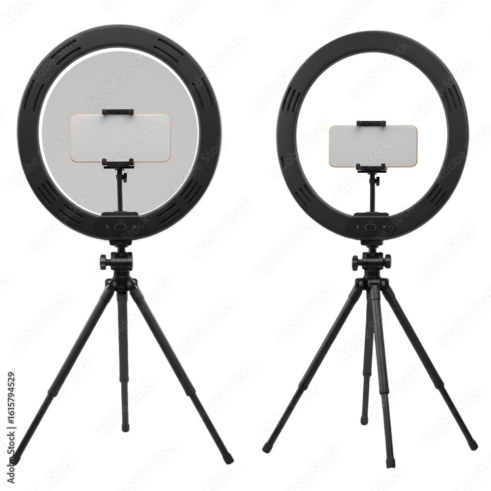 Obraz premium Two Black Ring Lights On Tripods With Smartphones In Transparent Background