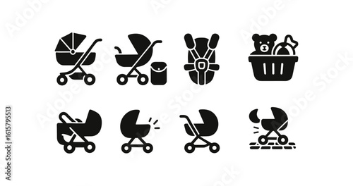 Baby gear silhouette icon set. strollers, carrier, toys essentials in vector shapes