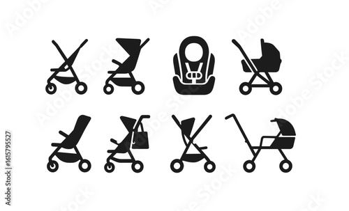 Baby stroller silhouette icon set. infant carriage, pram, pushchair icons collection.