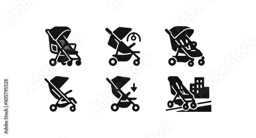 Baby stroller solid icon set. essential icons collection for parenting needs
