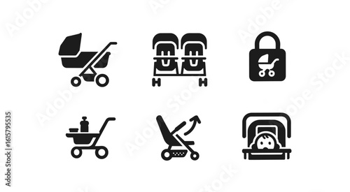 Baby and child silhouette icon set. strollers, cribs, locks, and more designs