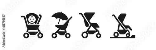 Baby stroller silhouette icon set. infant, carriage, pram, pushchair symbol collection