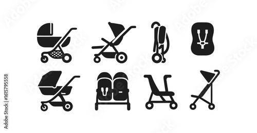 Baby stroller silhouette icon set. carriage, pram, buggy silhouettes collection