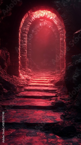 Stone Archway Tunnel Leading Into Dark with Eerie Red Lighting