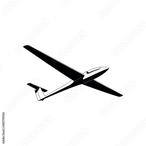 Black silhouette of a glider aircraft in flight against white background airplane aviation