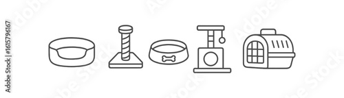 Pet care line icon set. essential animal supplies, accessories, and toys icons