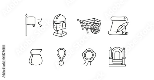 Medieval solid icon set. knight, castle, scrolls, and market cart in solid collection