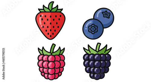 Cartoon Illustration of Strawberry, Blueberries, Raspberry and Blackberry