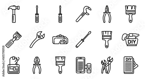 DIY Hand Tools Icon Set: Repair and Construction Concept
