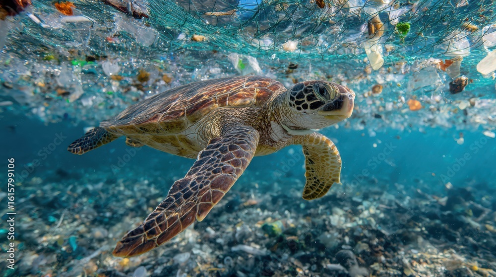 Obraz premium A turtle glides through a heavily polluted ocean, navigating around floating plastic waste and debris, highlighting the environmental crisis threatening marine life